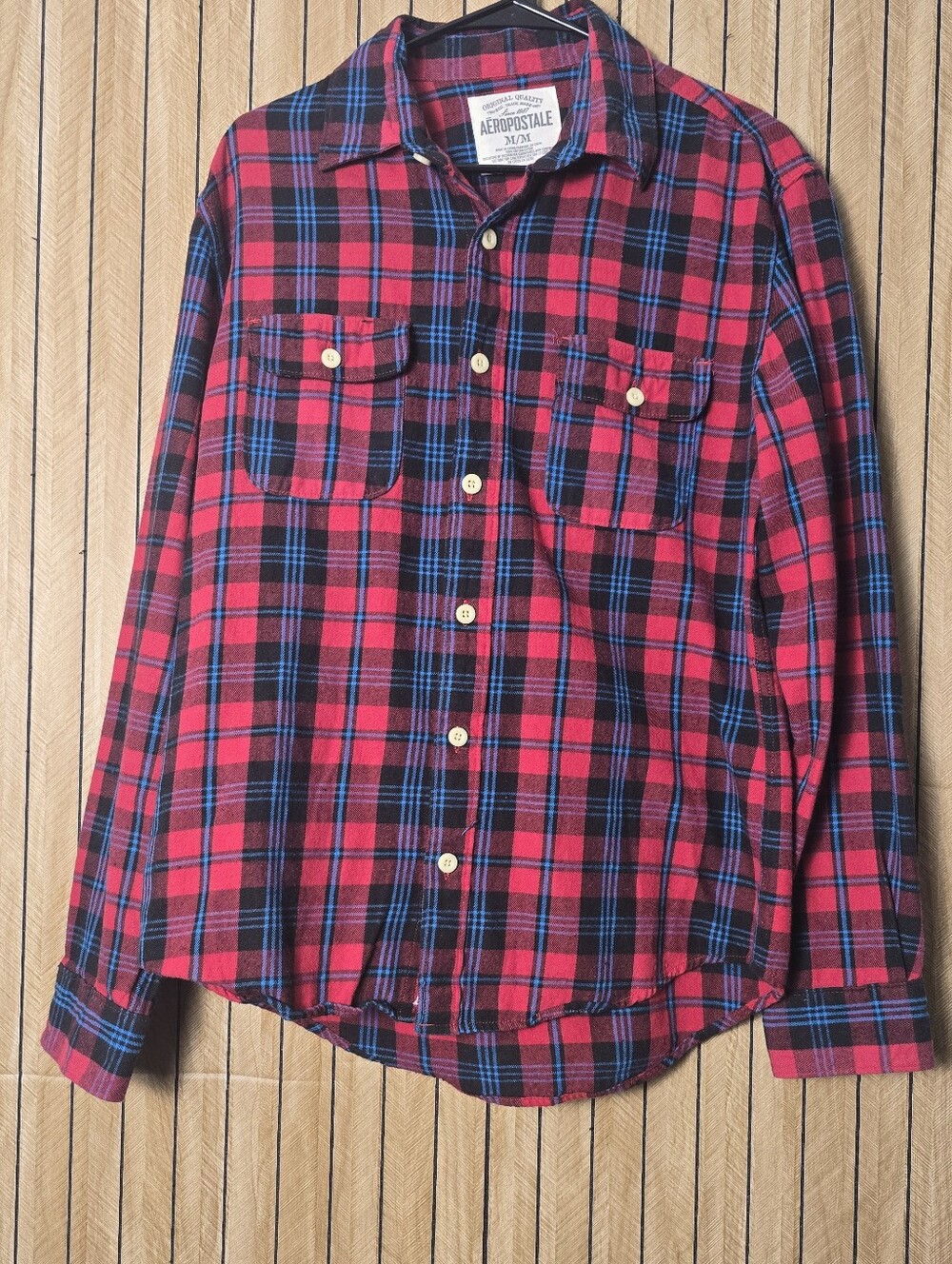 Aeropostale Red Black Plaid Button-Up Shirt with Blue Stripes - Men